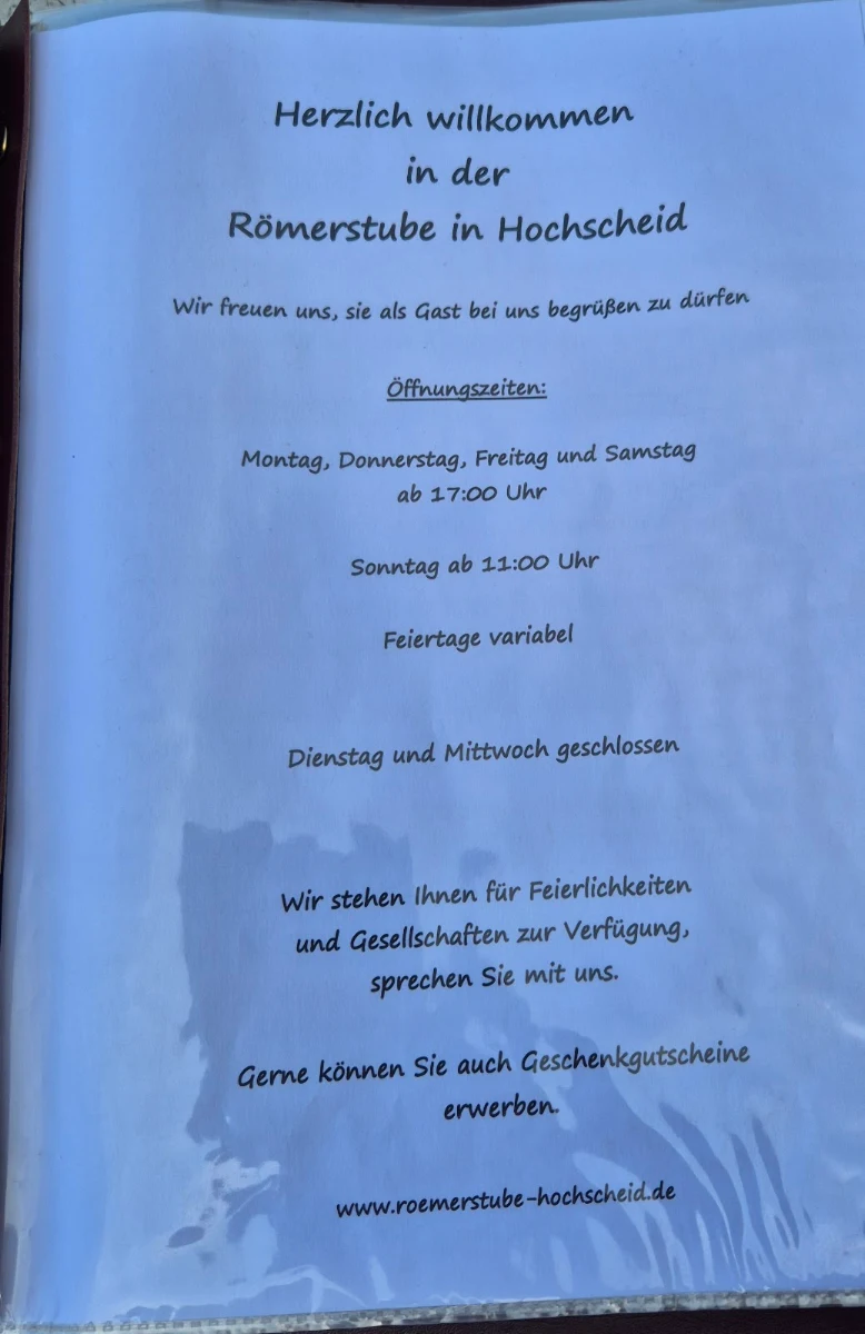 Speisekarte, Gaststätte Römerstube