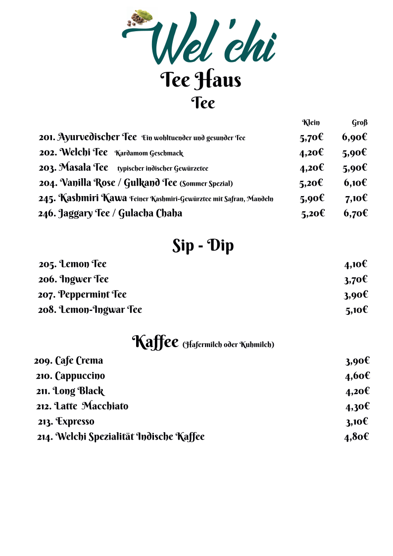 Speisekarte, Wel'chi Restaurant