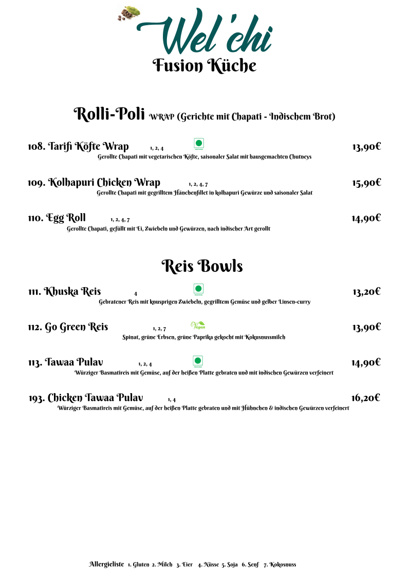 Speisekarte, Wel'chi Restaurant