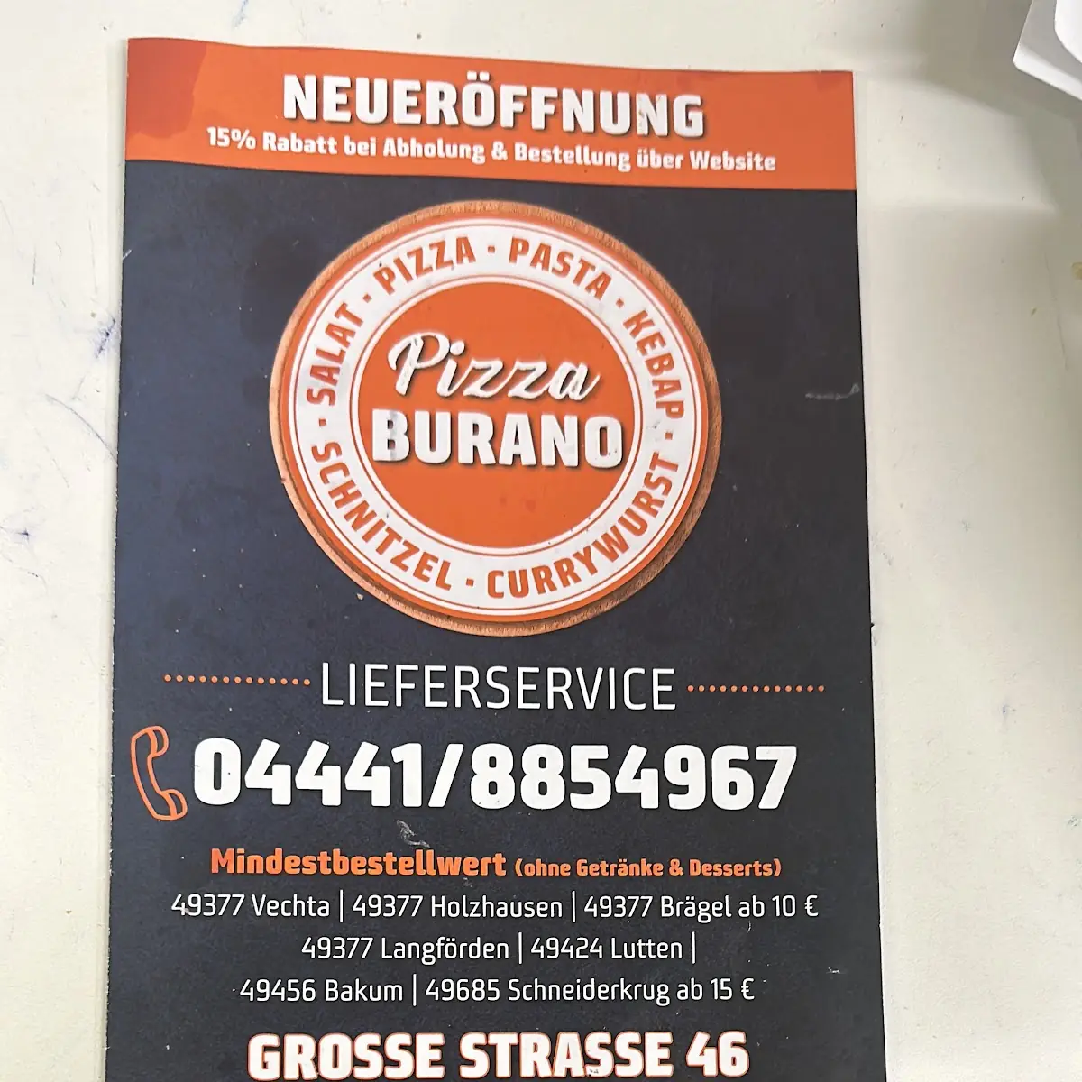 Speisekarte, Pizza Burano Vechta