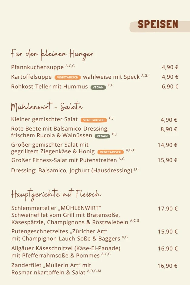 Speisekarte, ZUM MÜHLENWIRT