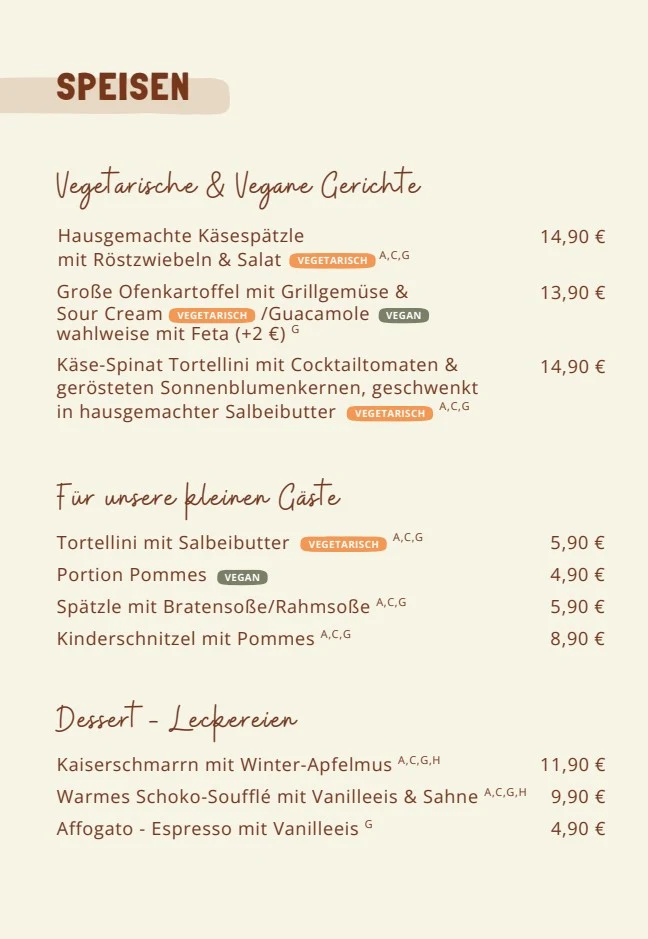 Speisekarte, ZUM MÜHLENWIRT
