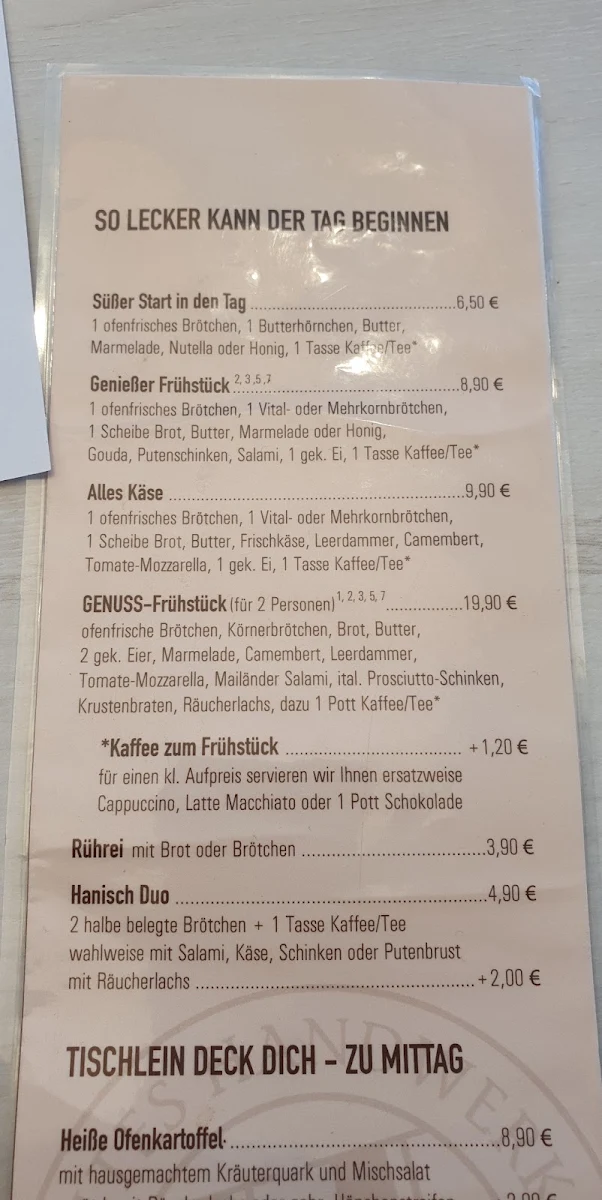 Speisekarte, Hanisch Genuss Manufaktur