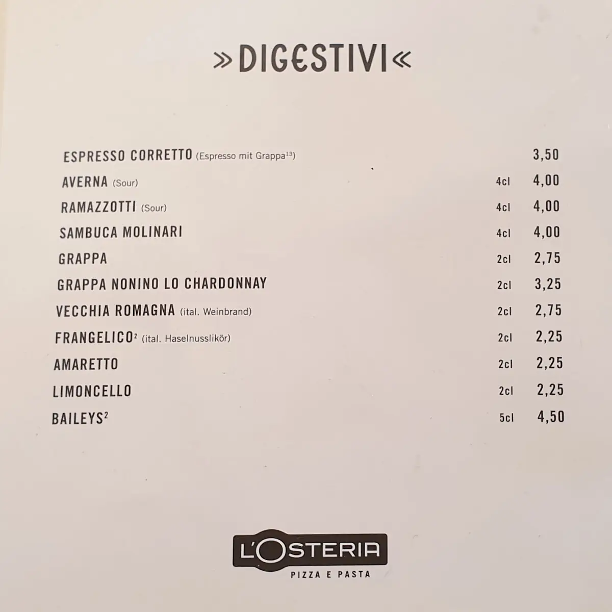 Speisekarte, L'Osteria Bornheim