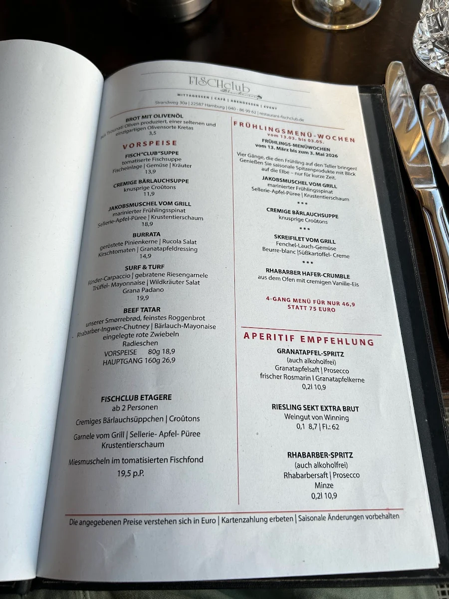 Speisekarte, FISCHclub Blankenese