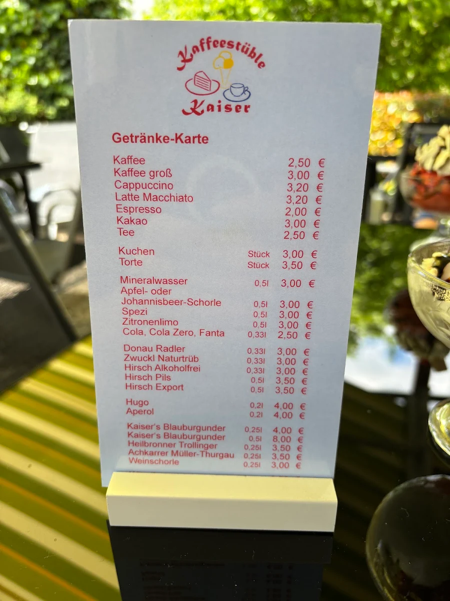 Speisekarte, Kaffeestüble Kaiser
