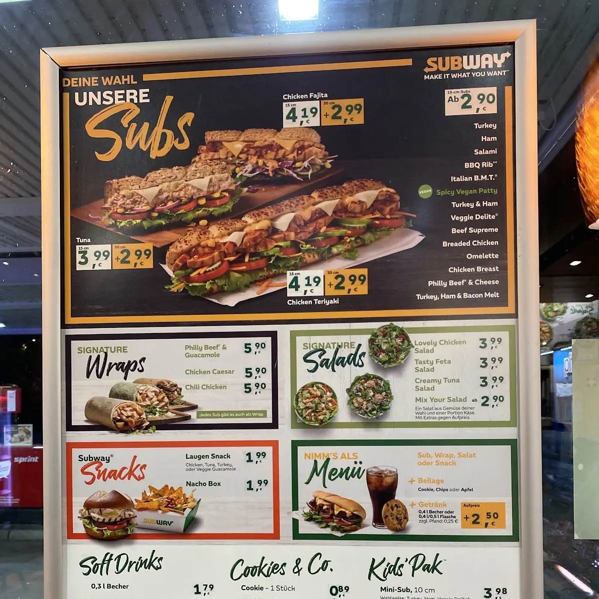 Speisekarte, Subway
