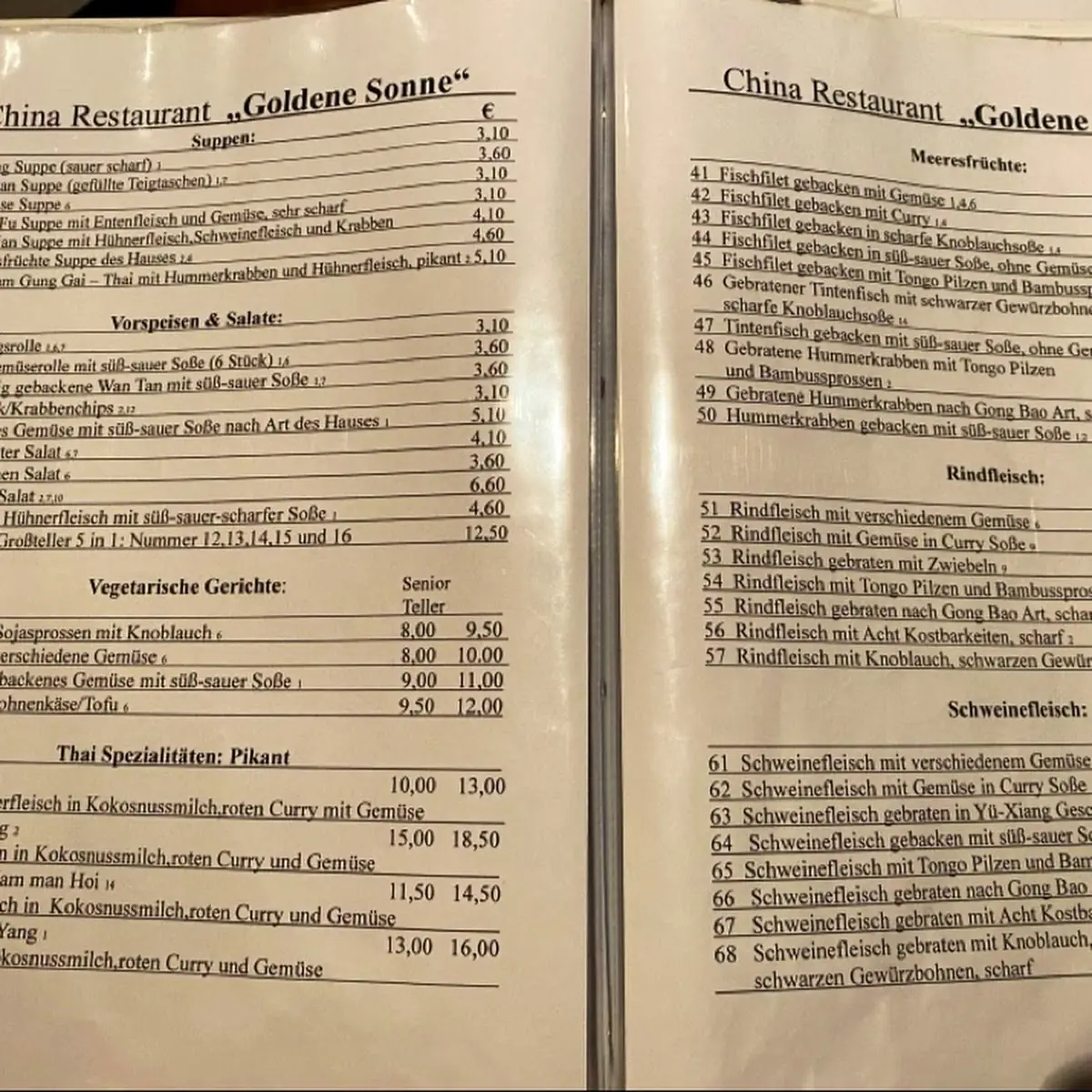 Speisekarte, China-Restaurant Goldene Sonne
