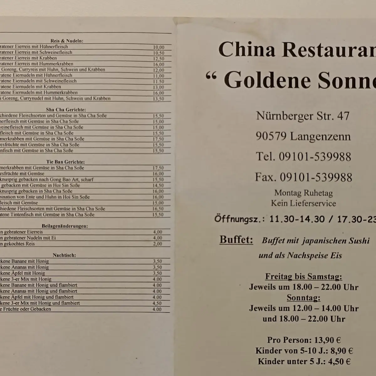 Speisekarte, China-Restaurant Goldene Sonne