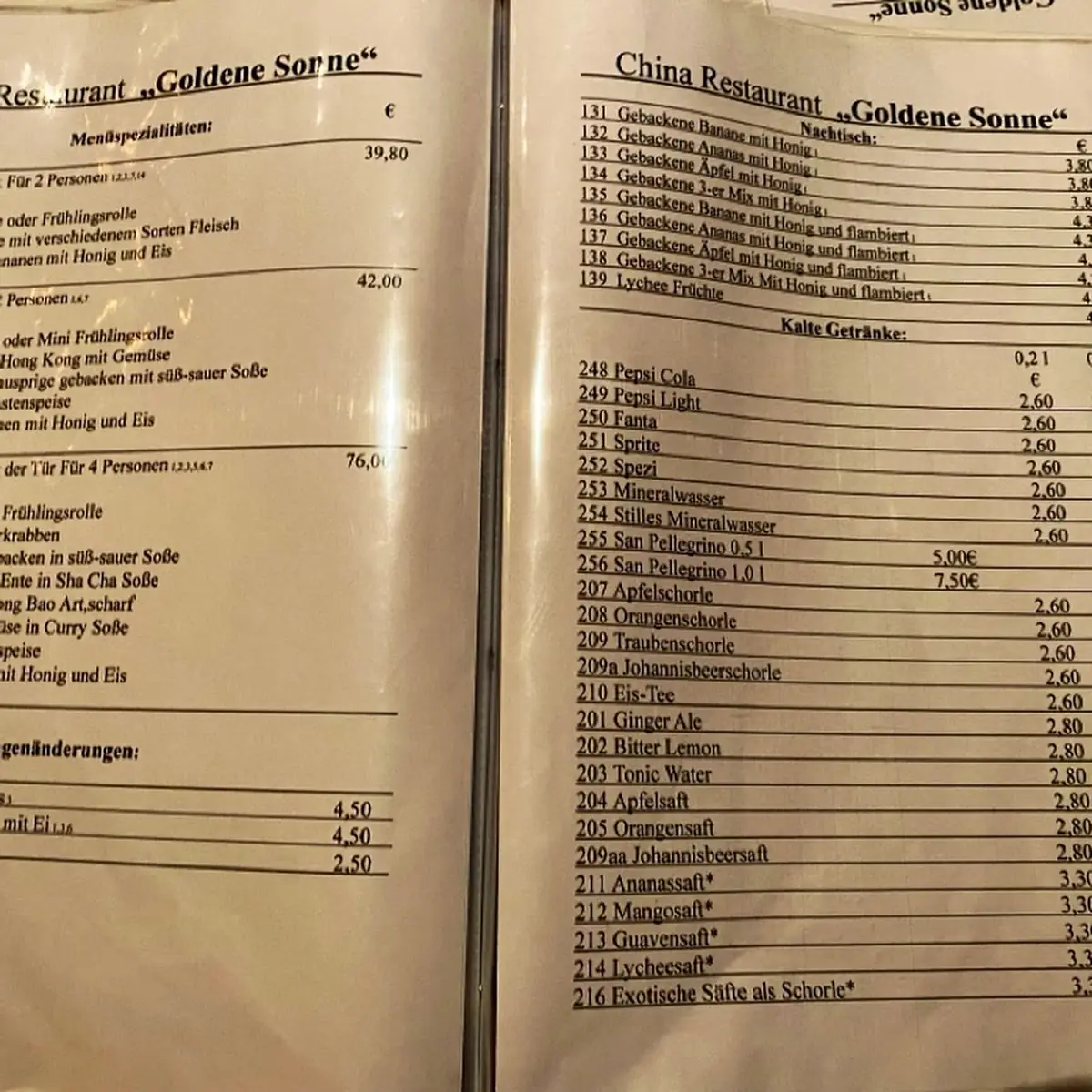 Speisekarte, China-Restaurant Goldene Sonne