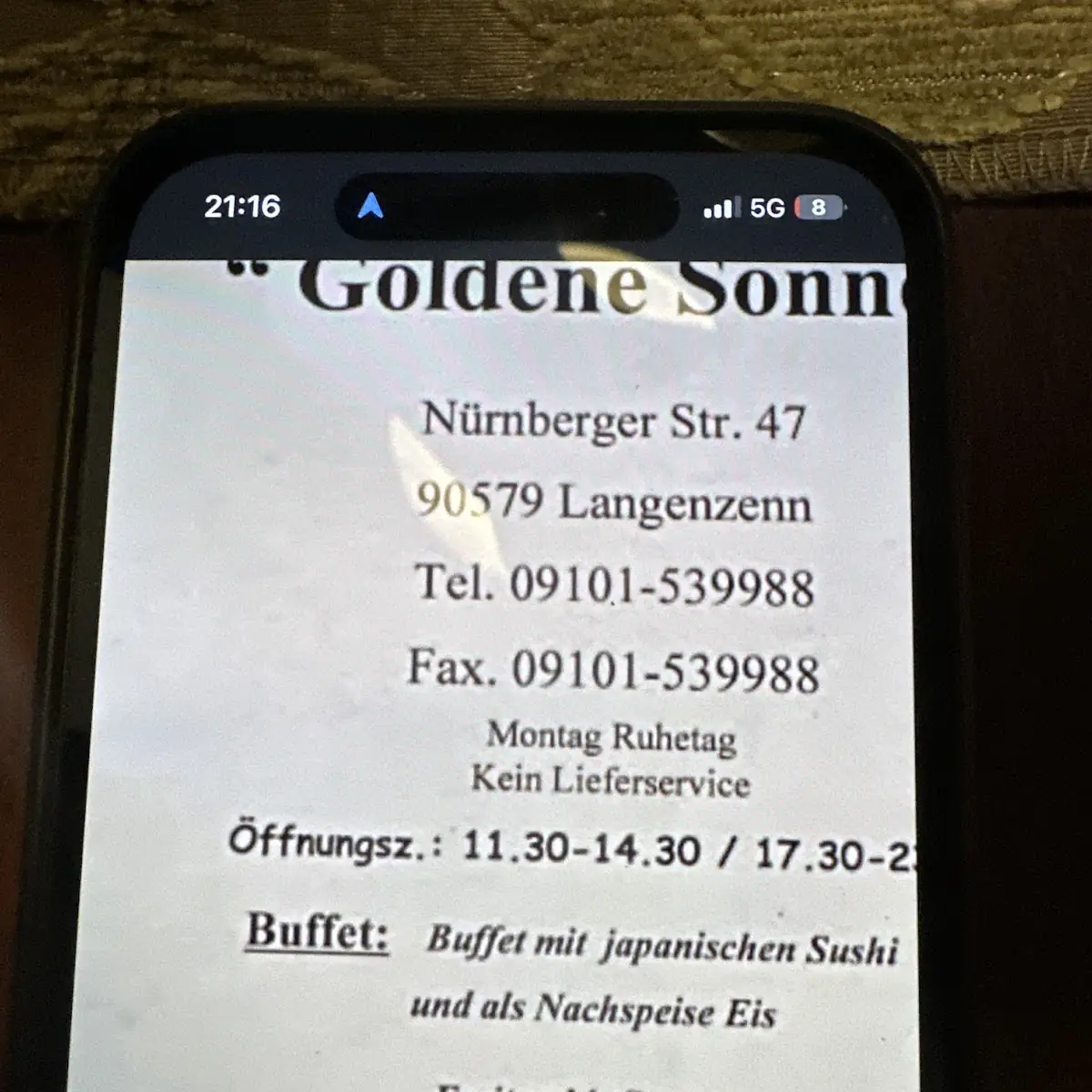 Speisekarte, China-Restaurant Goldene Sonne