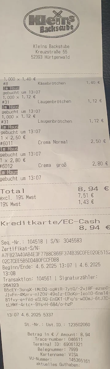 Speisekarte, Stadtbäckerei Hürth Klein's Backstube GmbH