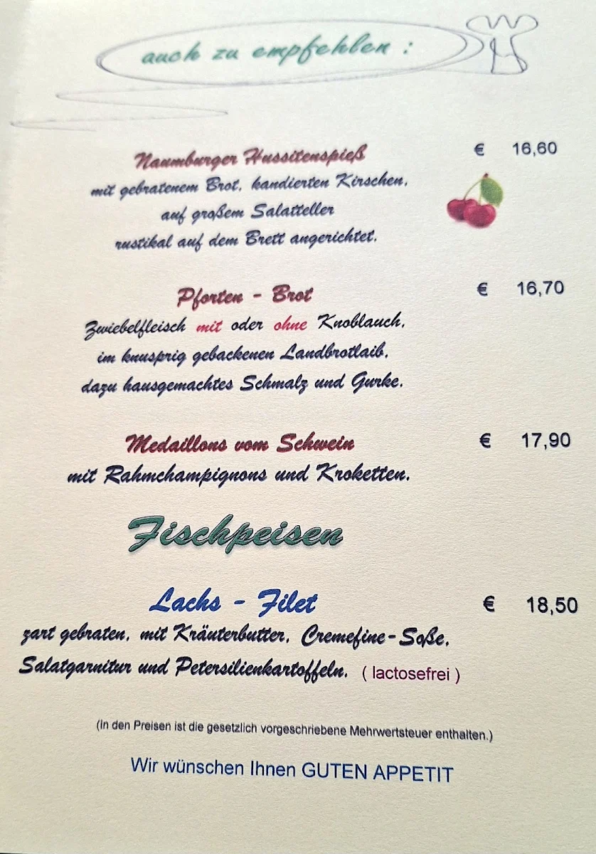 Speisekarte, Gasthaus " Thüringer Pforte"