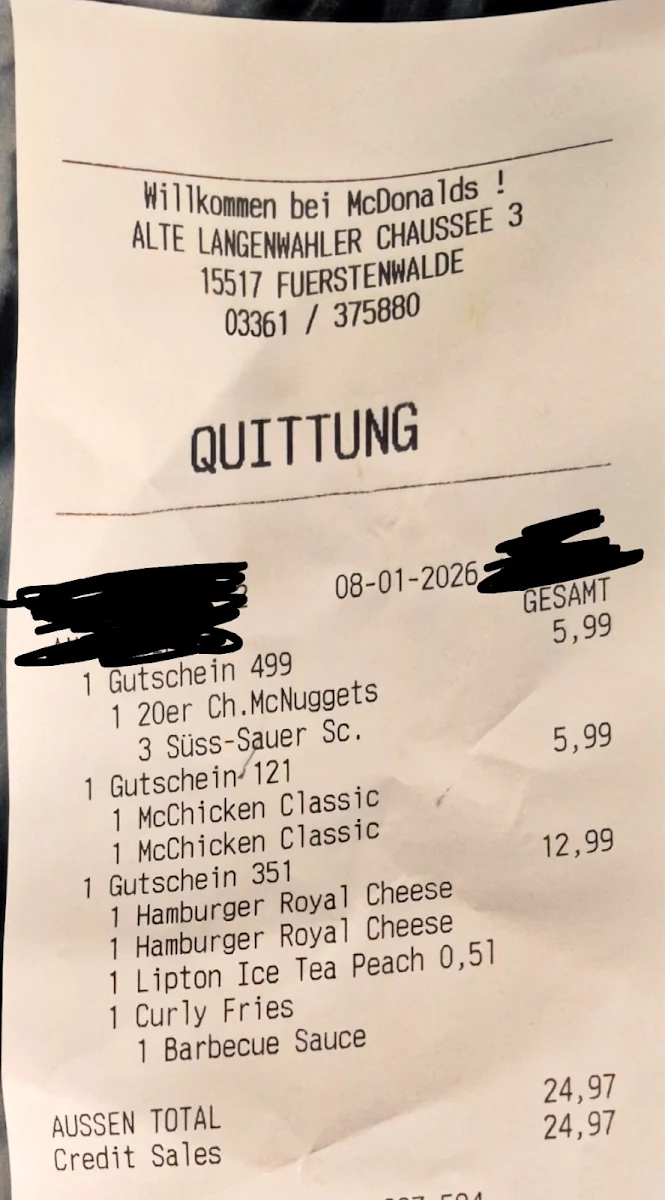 Speisekarte, McDonald's