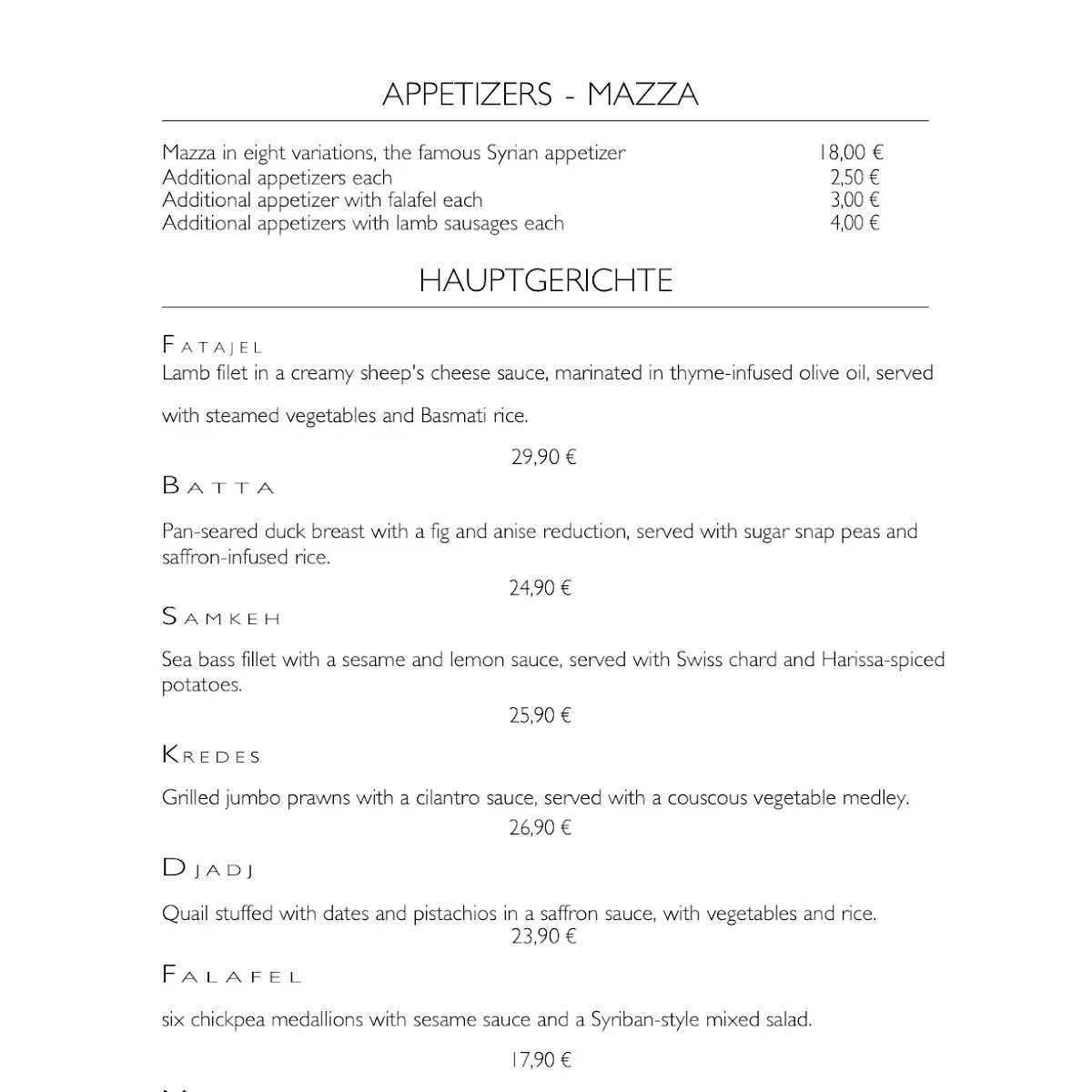 Speisekarte, Fardi Syrian Restaurant