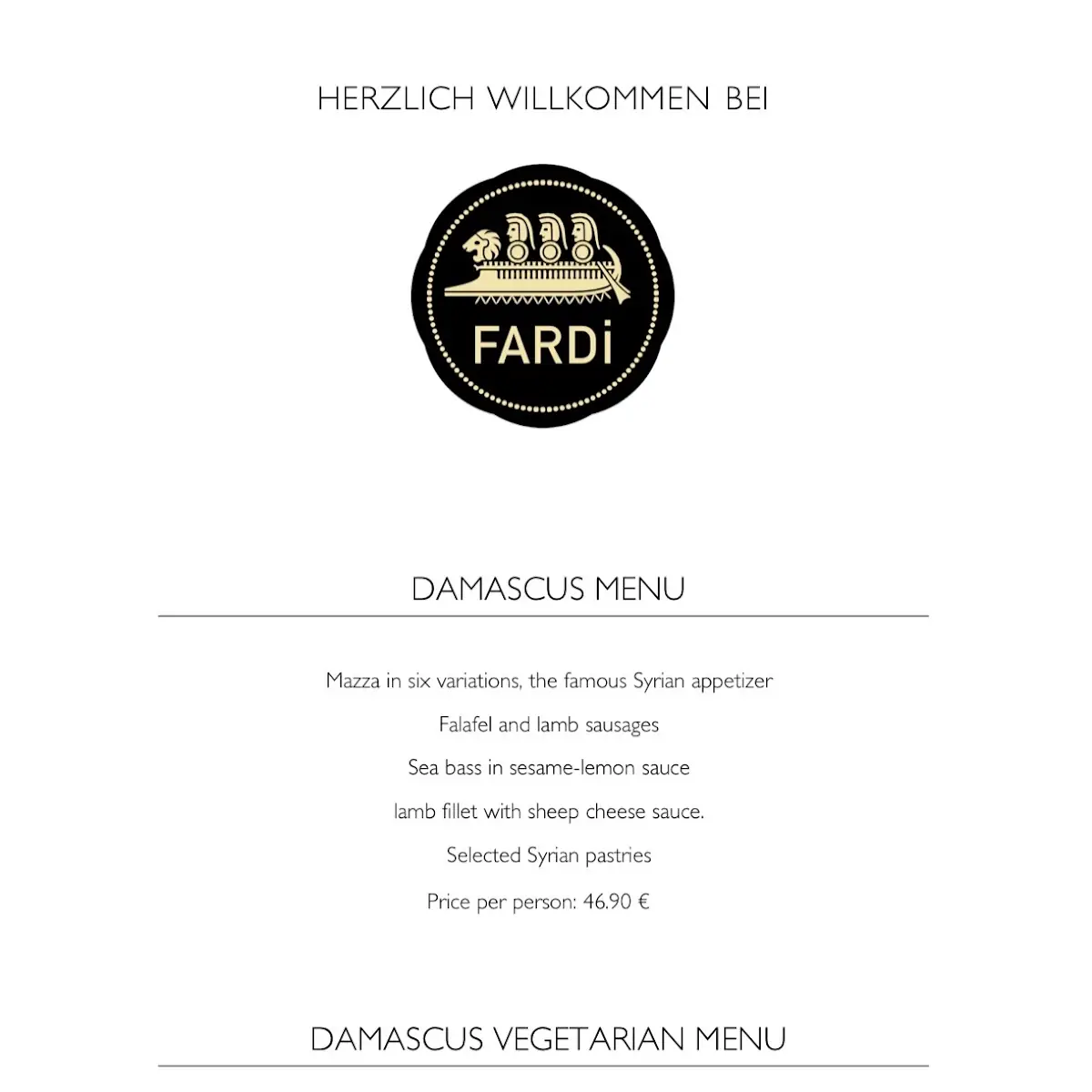 Speisekarte, Fardi Syrian Restaurant