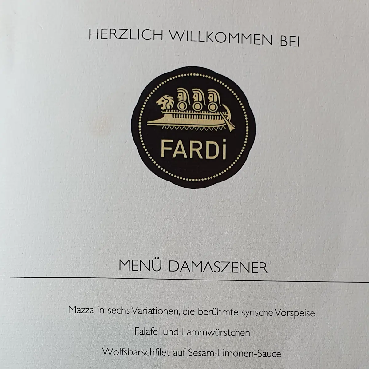 Speisekarte, Fardi Syrian Restaurant