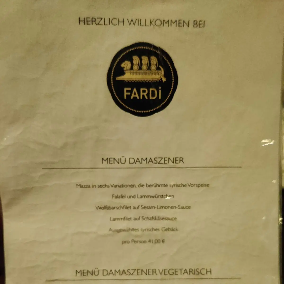 Speisekarte, Fardi Syrian Restaurant
