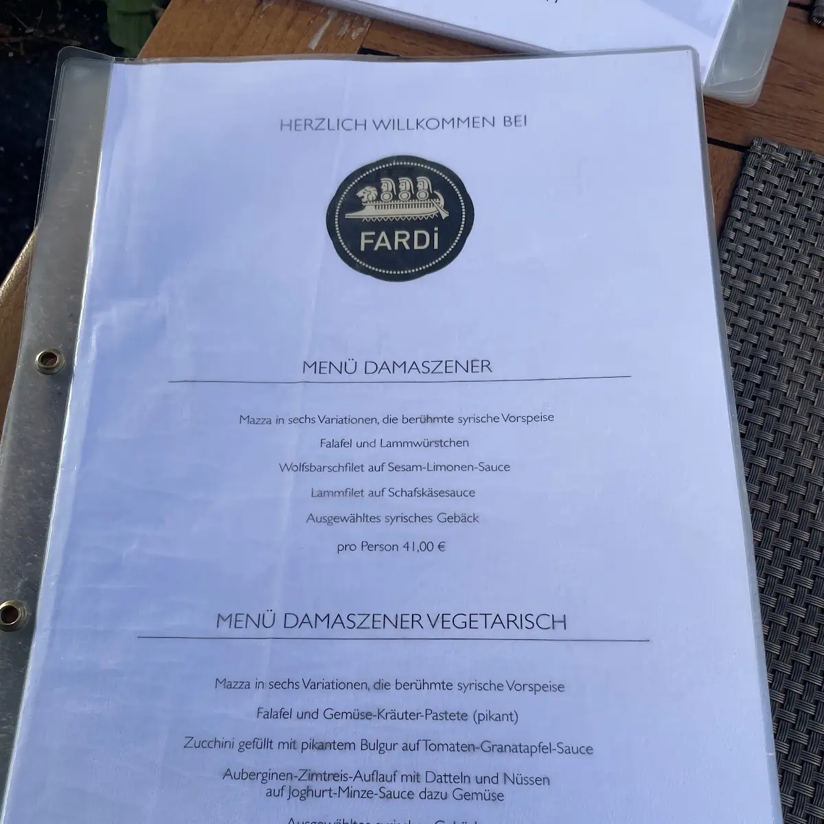 Speisekarte, Fardi Syrian Restaurant