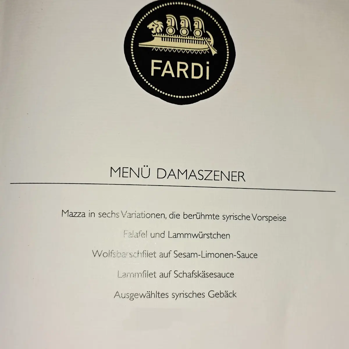Speisekarte, Fardi Syrian Restaurant