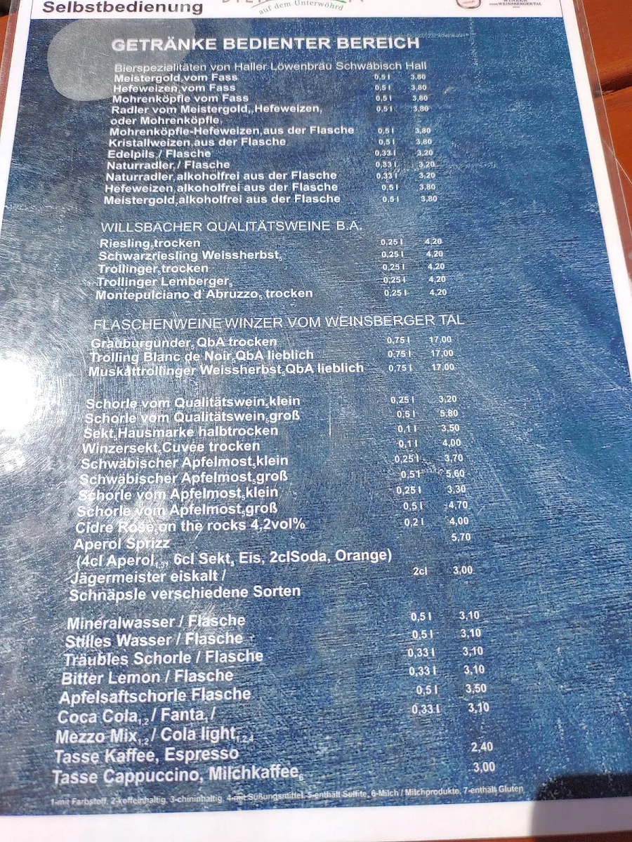 Speisekarte, Biergarten Schwäbisch Hall