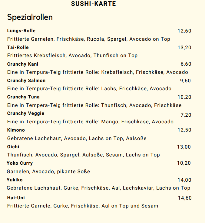 Speisekarte, Asia Loop Kassel