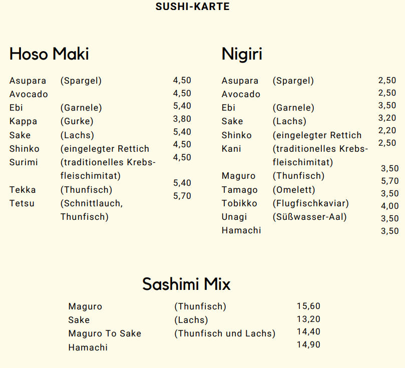 Speisekarte, Asia Loop Kassel
