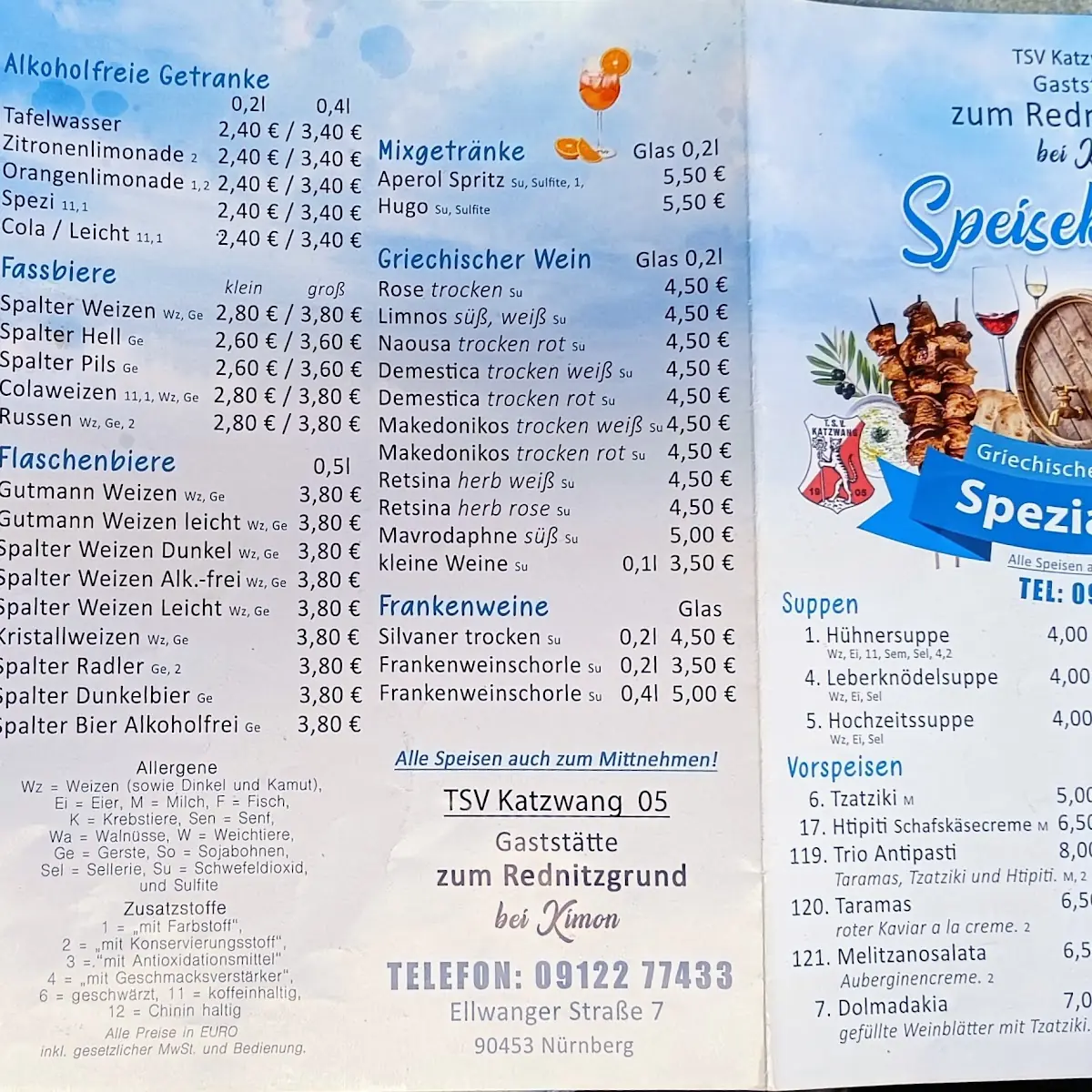 Speisekarte, Vereinsgaststätte "Zum Rednitzgrund"