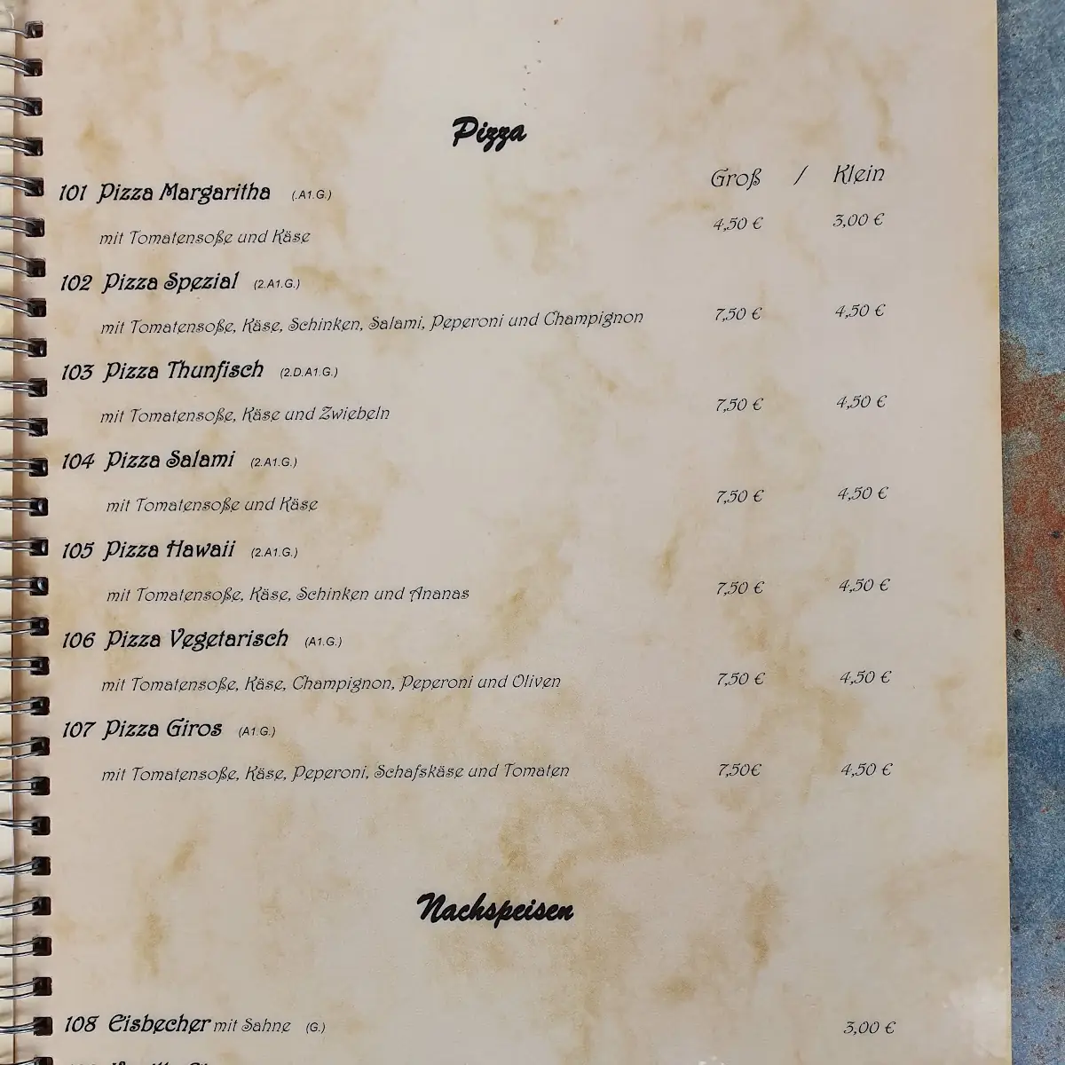 Speisekarte, Vereinsgaststätte "Zum Rednitzgrund"
