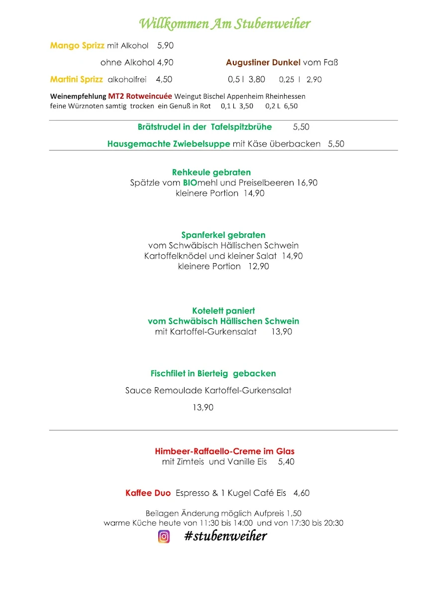 Speisekarte, RESTAURANT Stubenweiher - Natur Pur!