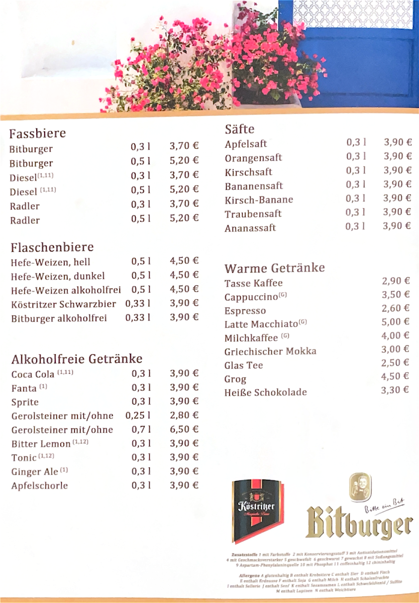 Speisekarte, Restaurant SANTORINI