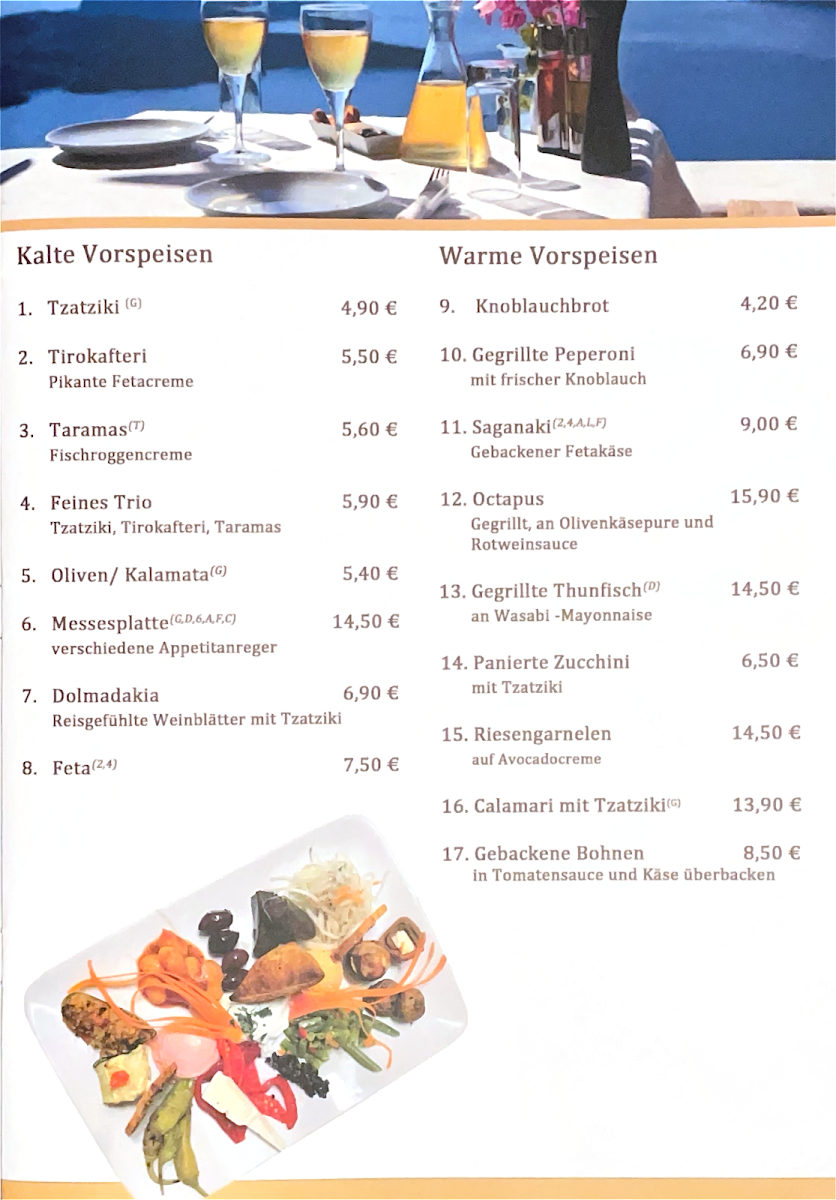 Speisekarte, Restaurant SANTORINI