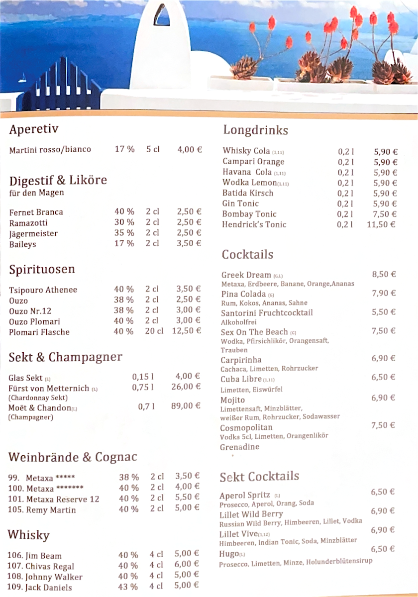 Speisekarte, Restaurant SANTORINI