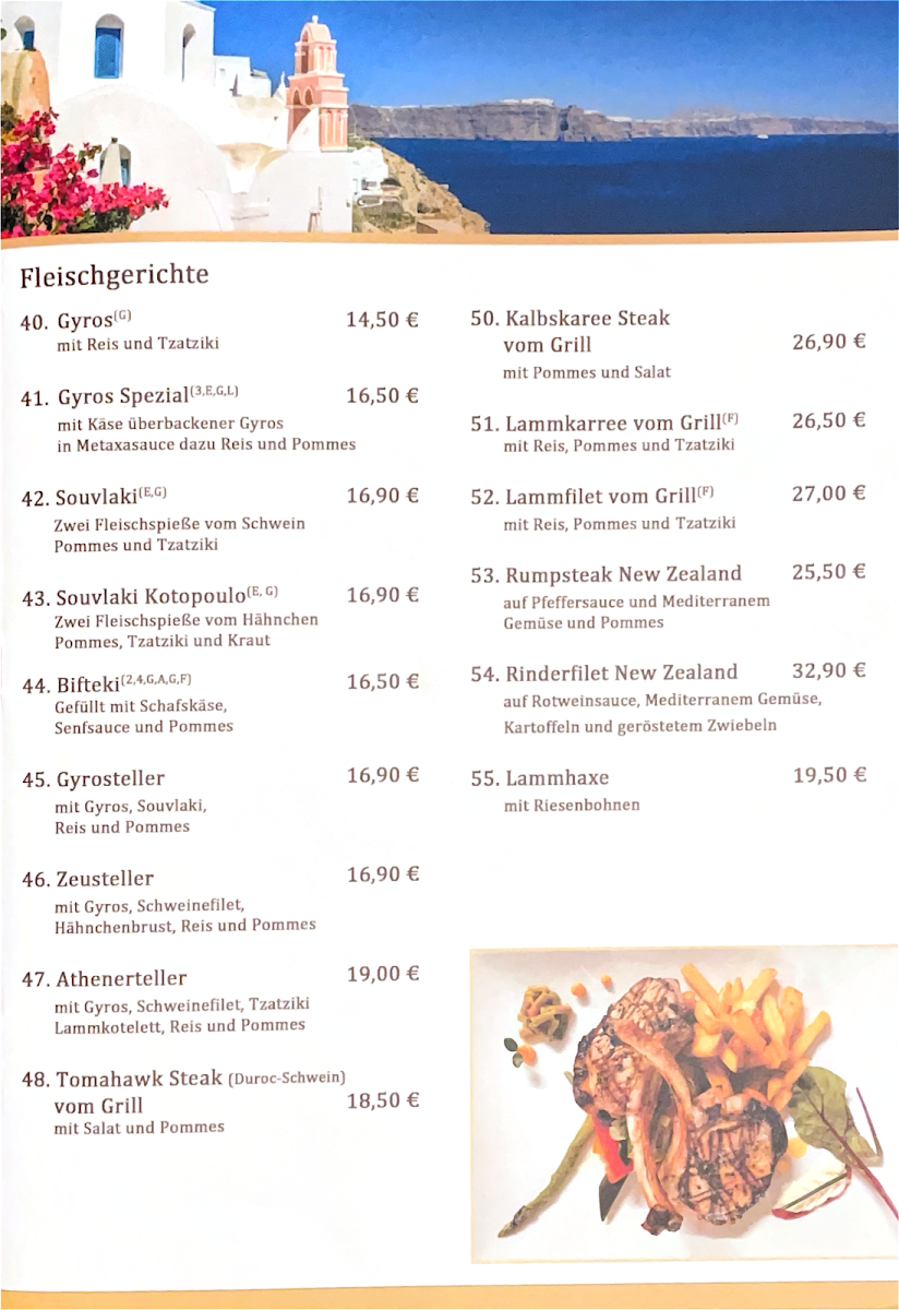 Speisekarte, Restaurant SANTORINI