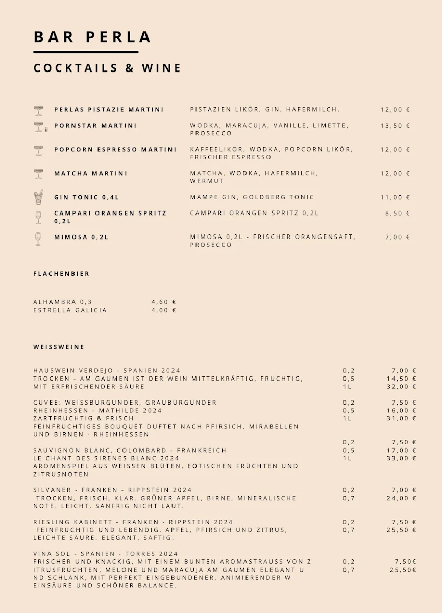 Speisekarte, BAR PERLA