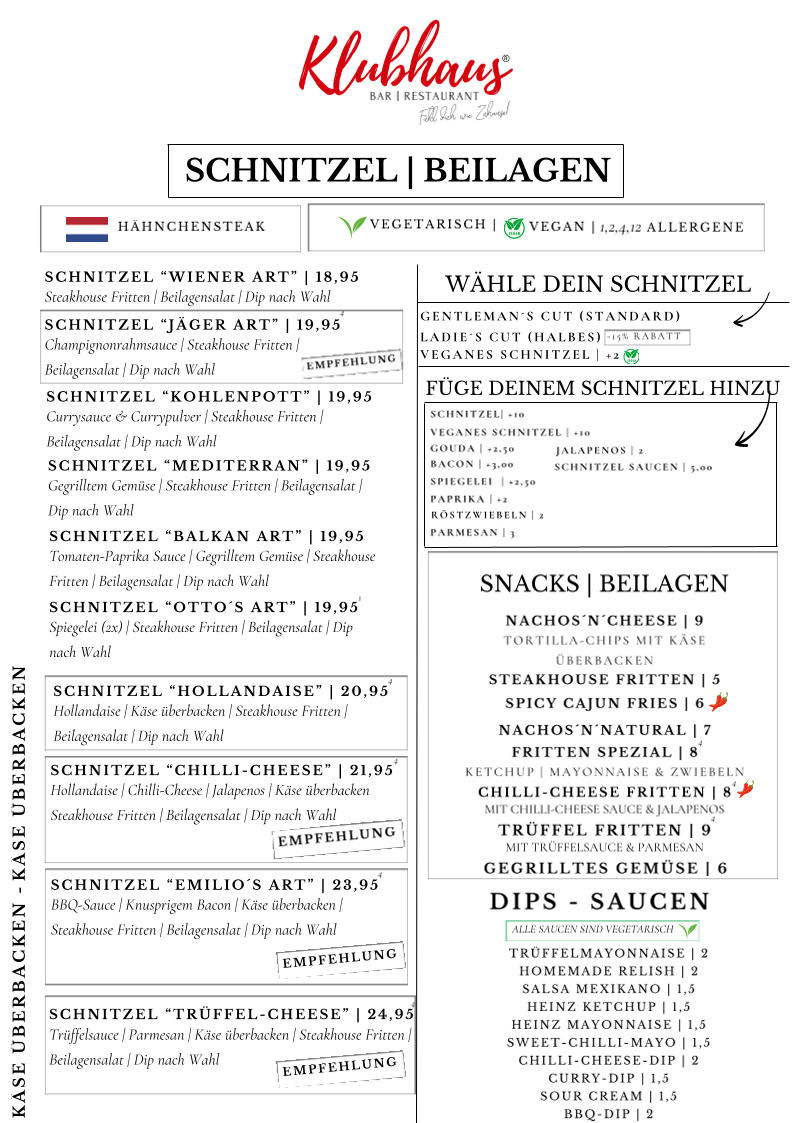 Speisekarte, KLUBHAUS Dortmund