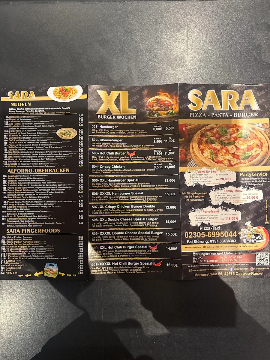Speisekarte, Pizzeria Sara Castrop-Rauxel