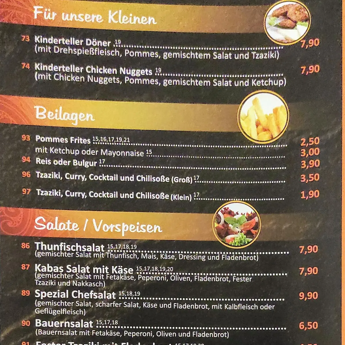 Speisekarte, Kabas orientalische Spezialitäten