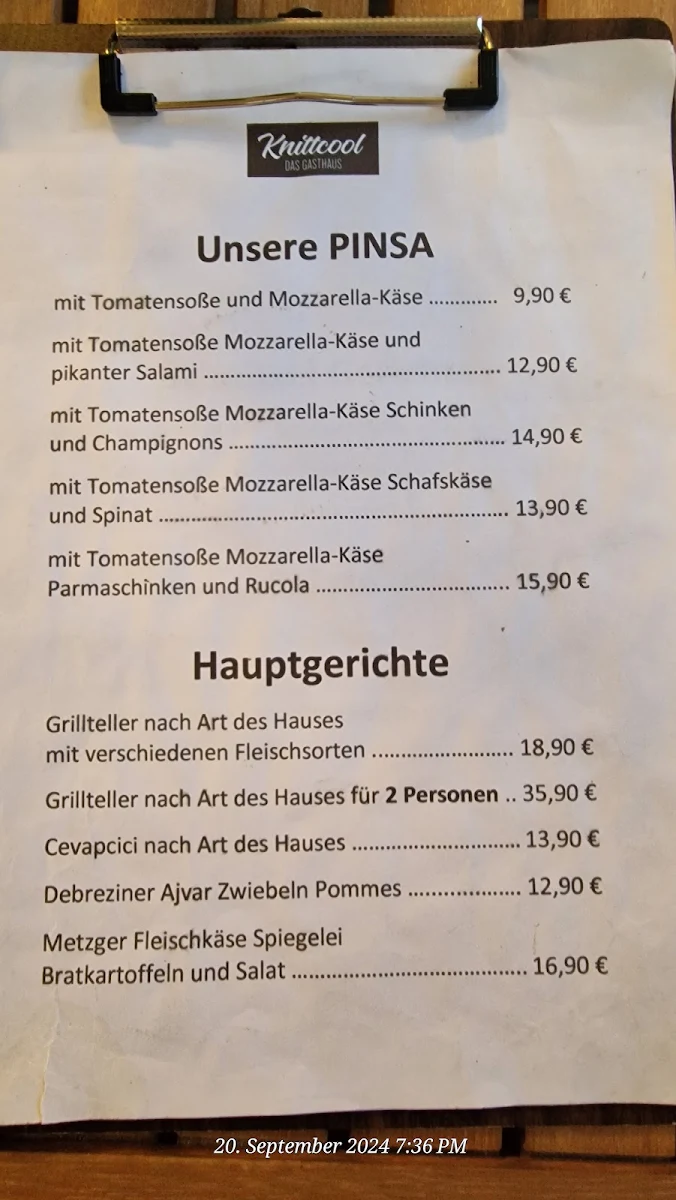 Speisekarte, Gasthaus Knittcool