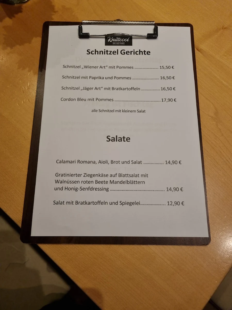 Speisekarte, Gasthaus Knittcool