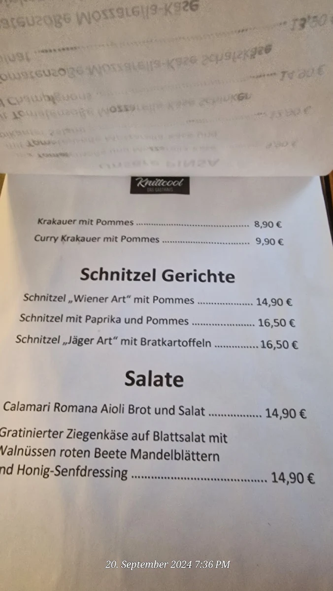 Speisekarte, Gasthaus Knittcool