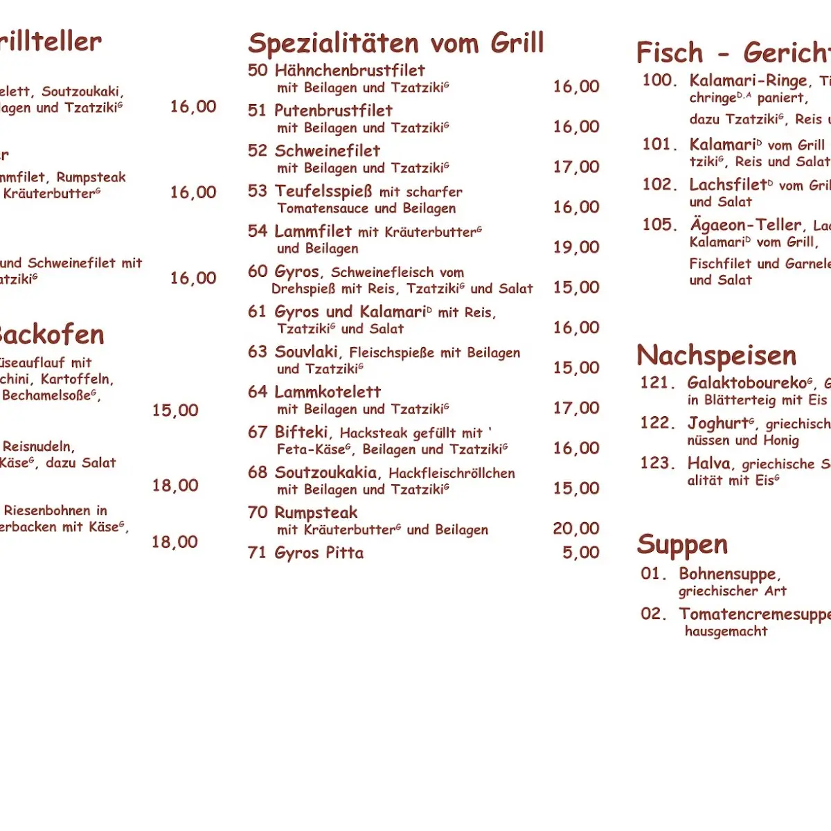 Speisekarte, Restaurant DINOS