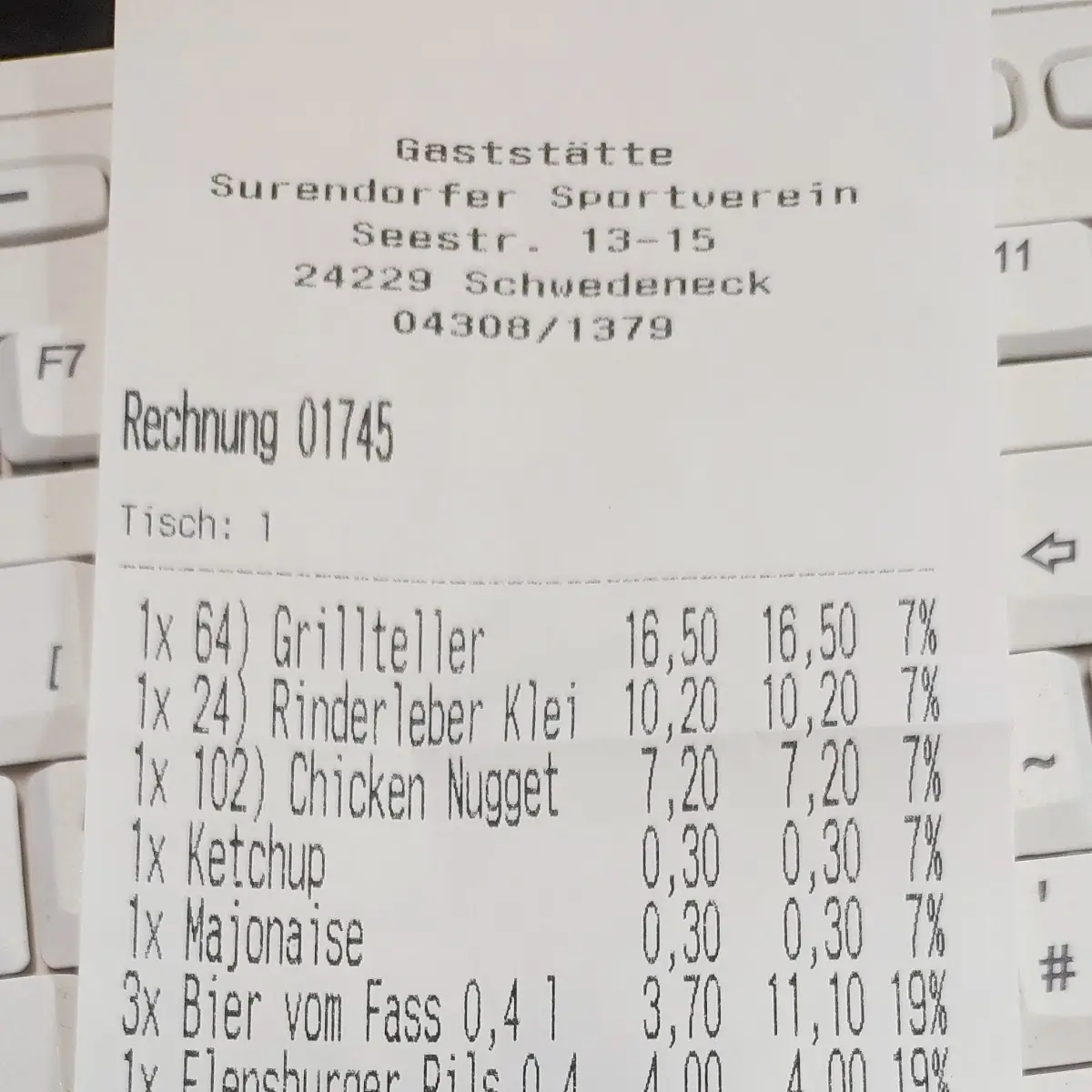 Speisekarte, Sportheim Surendorf