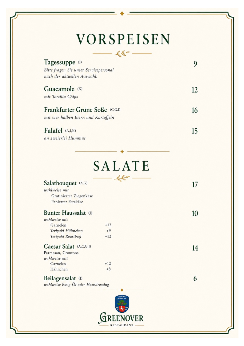 Speisekarte, Greenover Restaurant