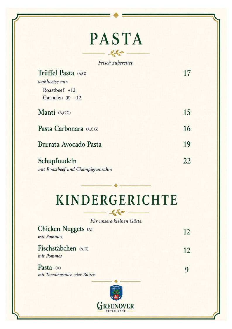 Speisekarte, Greenover Restaurant