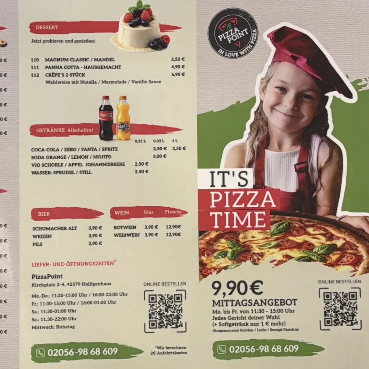 Speisekarte, PizzaPoint Heiligenhaus