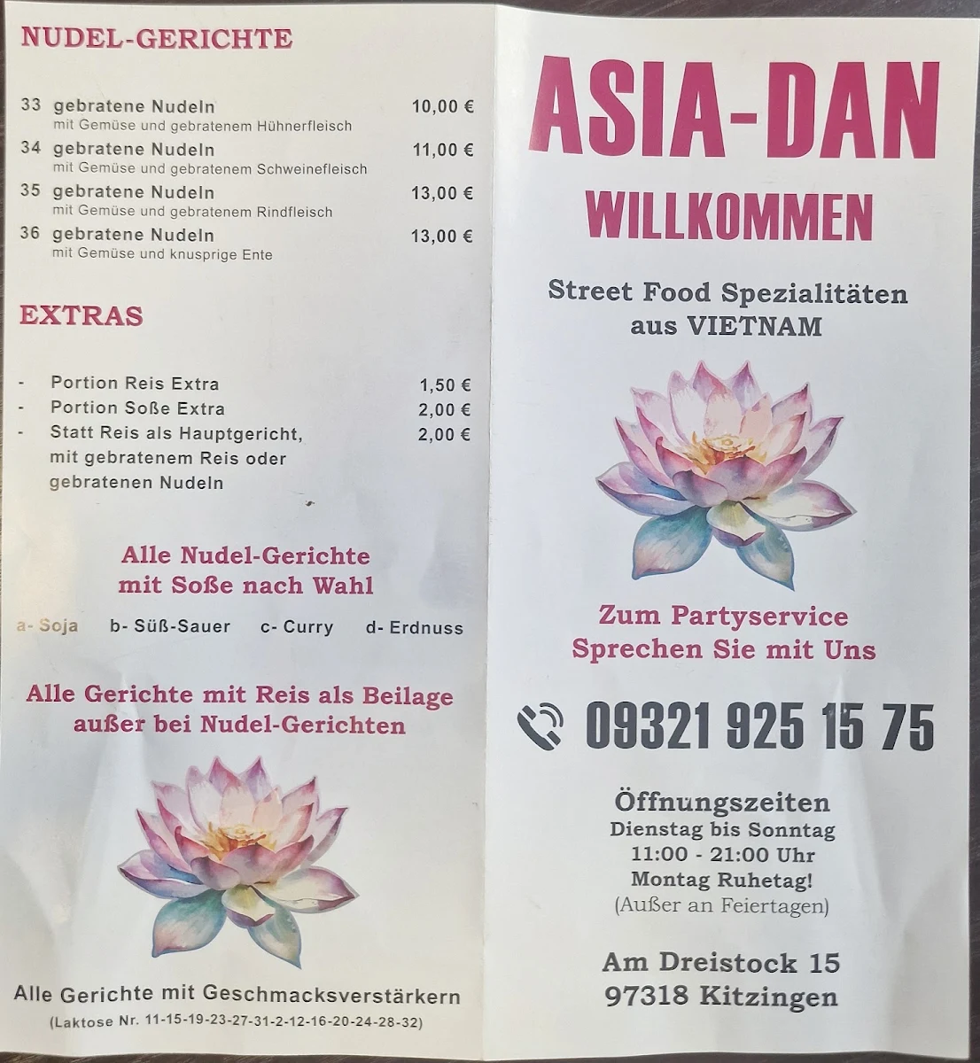 Speisekarte, ASIA-DAN