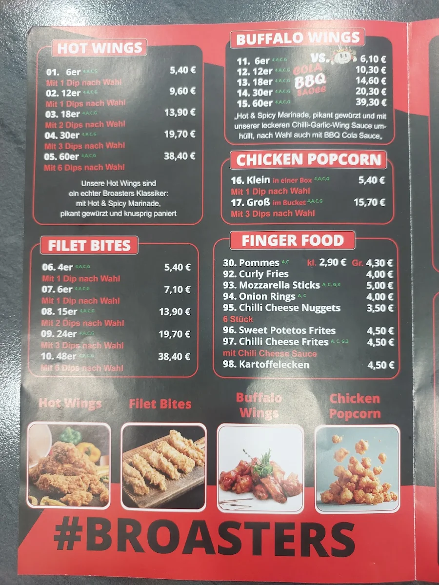 Speisekarte, Broasters Fried Chicken