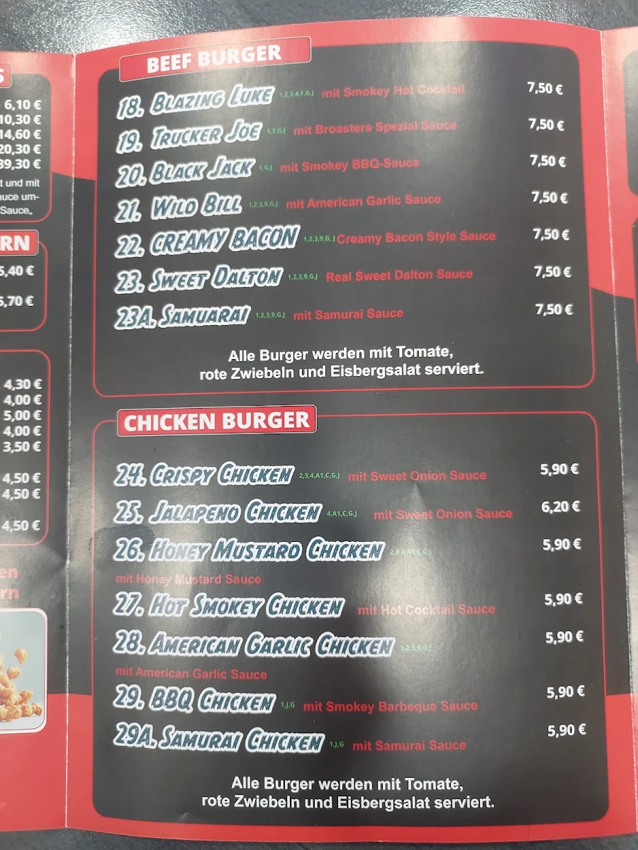 Speisekarte, Broasters Fried Chicken