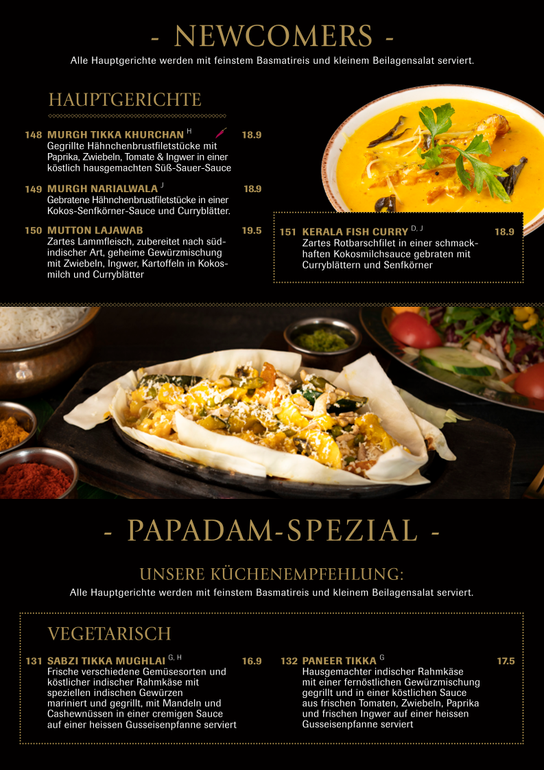 Speisekarte, Papadam Indisches Restaurant